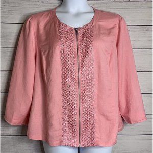 RUBY RD WOMAN 18W ZIP LIGHTWEIGHT JACKET Shirt CROCHET TRIM LINEN BLEND Peach